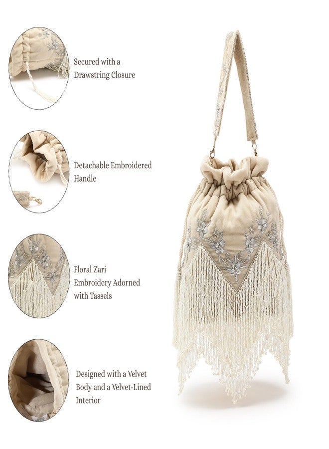 Anekaant Dewdrop Fringe Ecru Velvet Potli for Women | Floral Zari Embroidered Drawstring Bag with Statement Fringe Detailing - Image 3